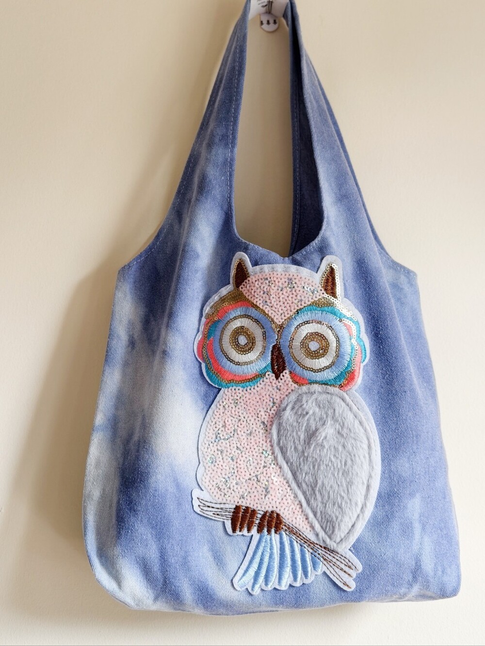 Blue Owl Applique Tote Bag - Women's Casual Shoulder Bag Tie Dye Bag